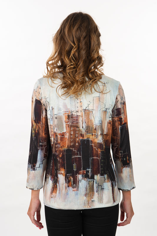 Reversible Earth Tone Cityscape 3/4 Sleeve Knit Top