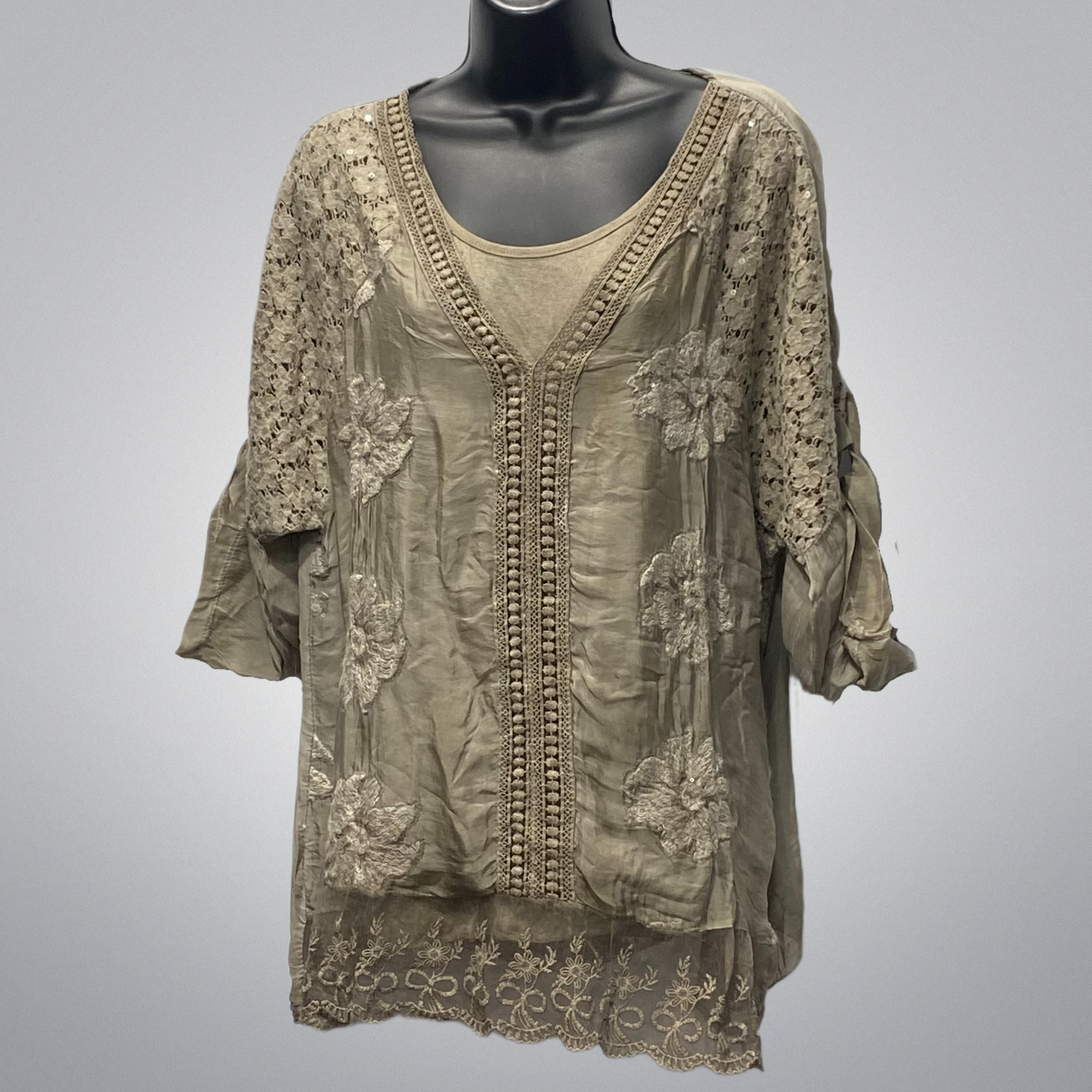 Italian Silk Top With Embellished Aplique
