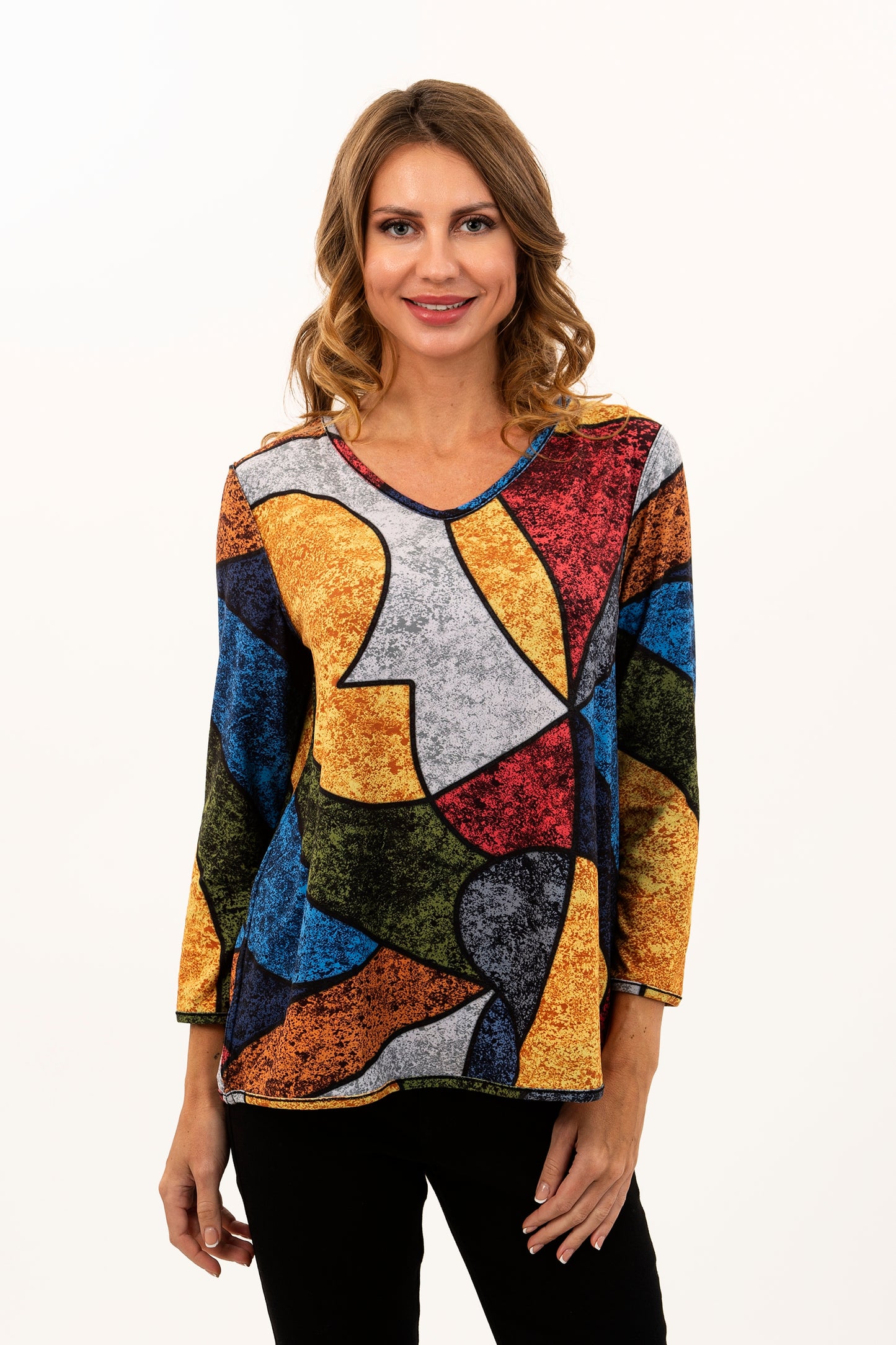 Reversible Multicolor Abstract / Black Artistic Hem Long Sleeve Knit Top