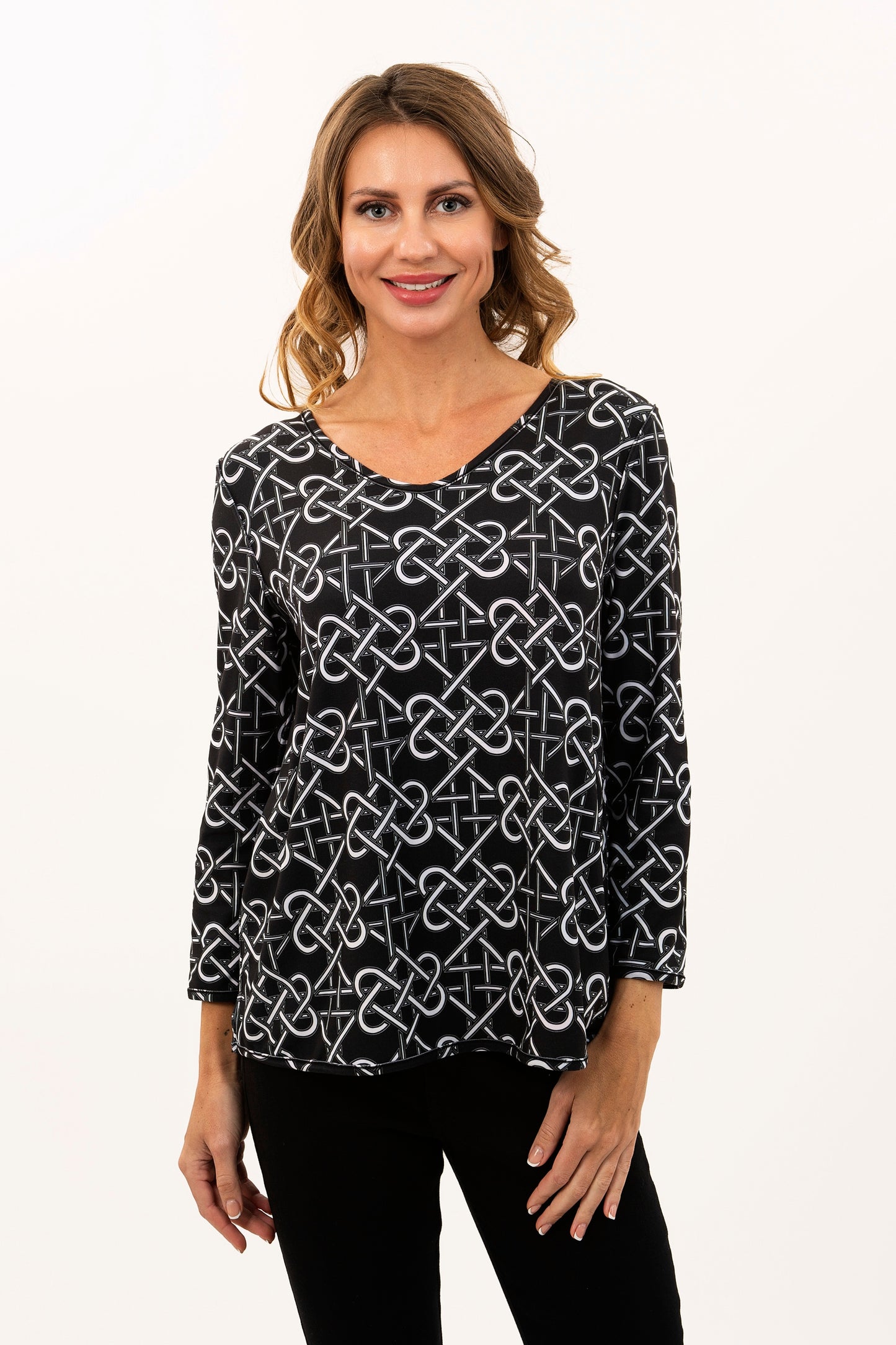 Reversible Modern Art Collage / Black Chain Print Long Sleeve Knit Top