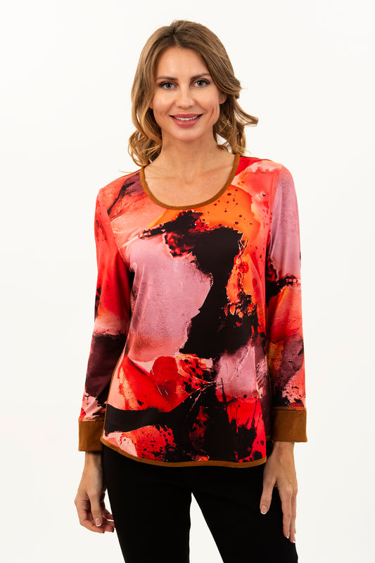 Reversible Red Abstract Texture / Crimson Art Print Long Sleeve Knit Top