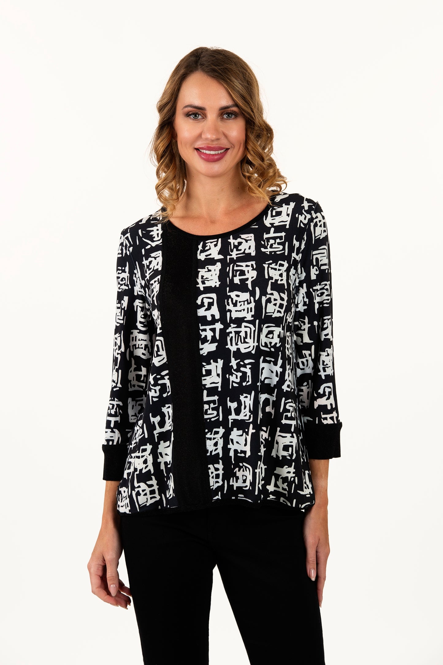 Reversible Multi Abstract/Black Script Long Sleeve Knit Top