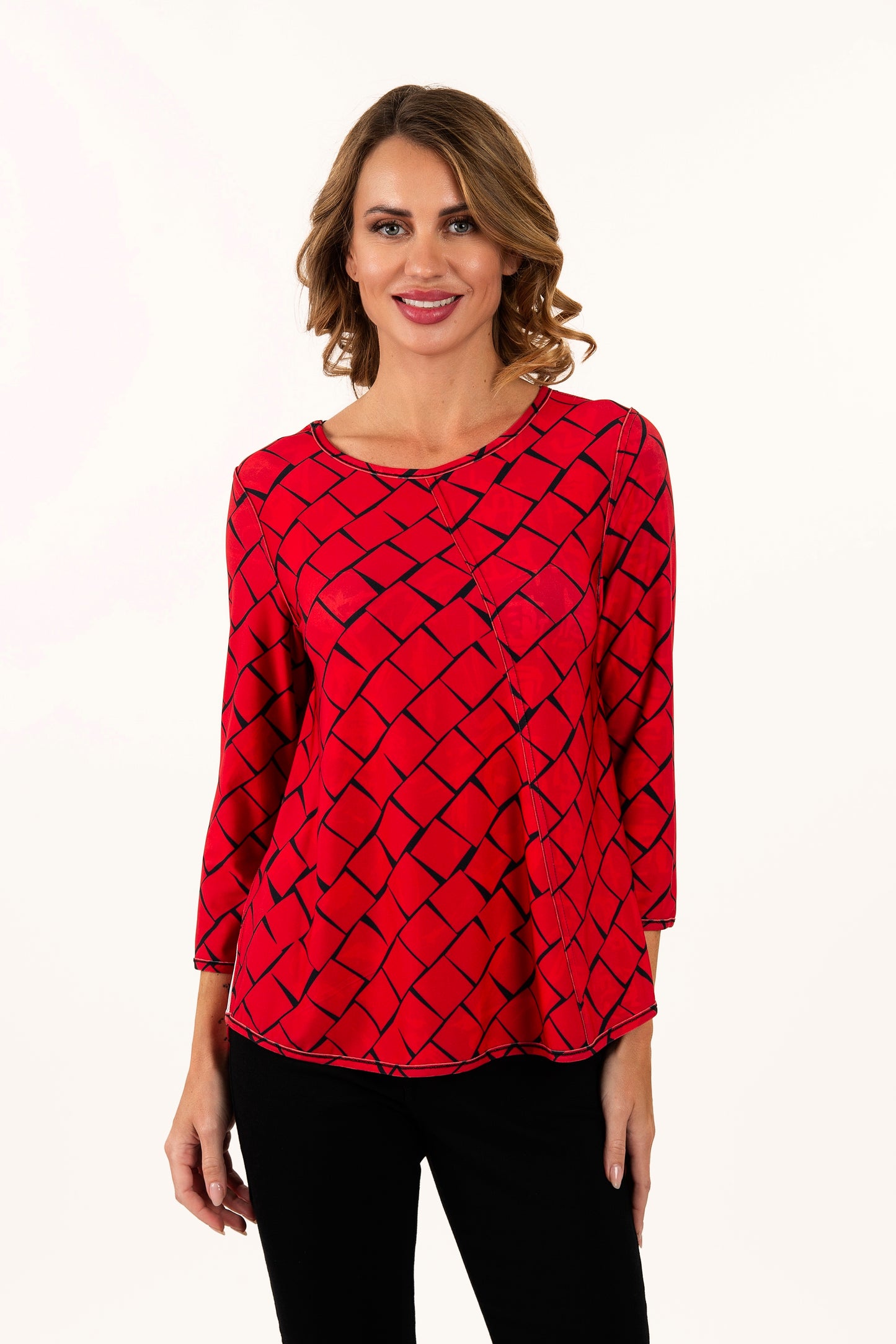 Reversible Cherry Red/Black Graphic Long Sleeve Knit Top