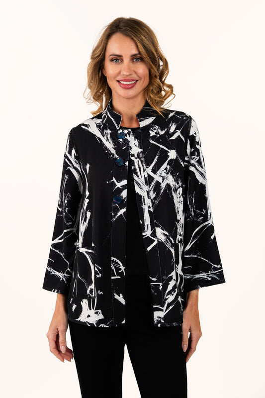 Reversible Blue Abstract/Black Brushstroke High Collar Jacket