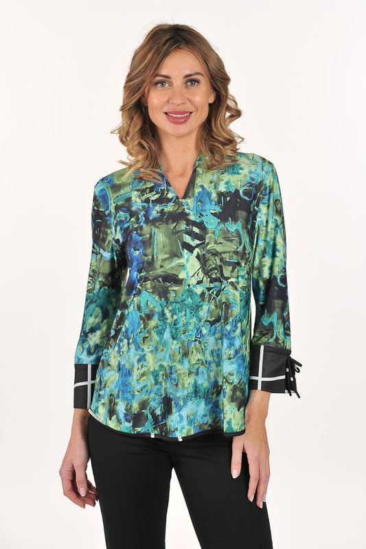 Reversible Green Abstract/Black Grid V-Neck Top