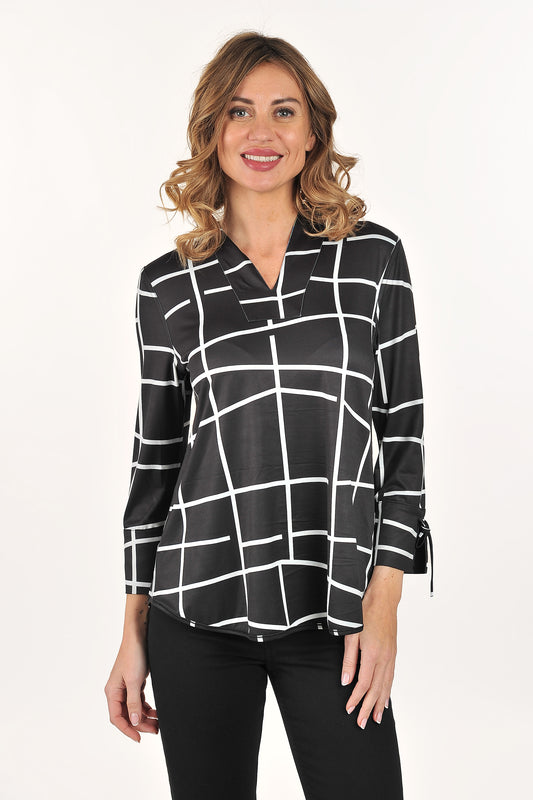 Reversible Green Abstract/Black Grid V-Neck Top
