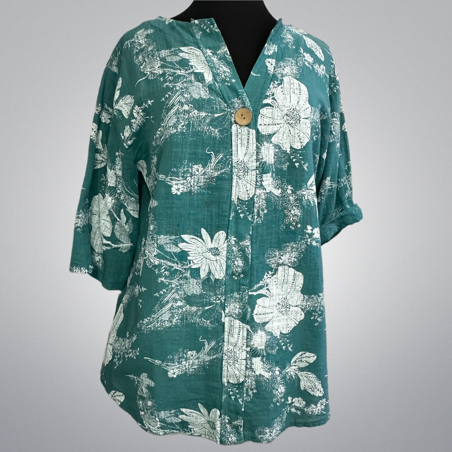 White Floral On Teal Cotton Roll-Up Sleeve Top