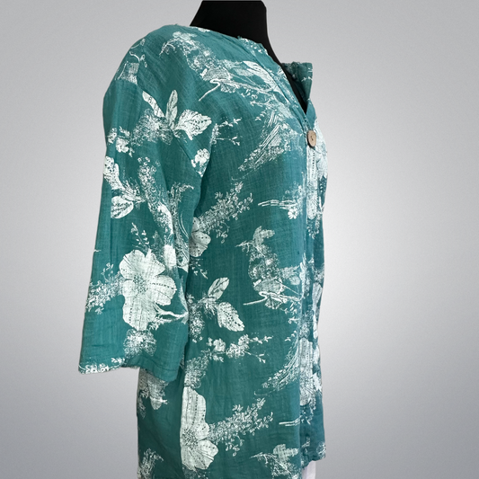White Floral On Teal Cotton Roll-Up Sleeve Top