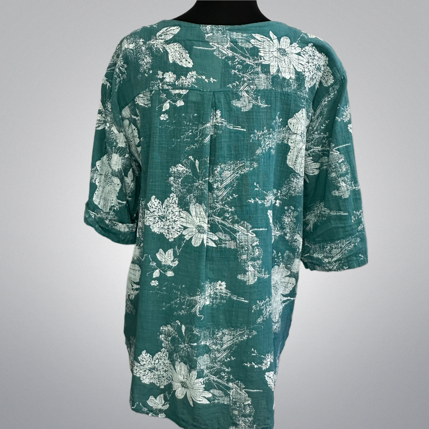 White Floral On Teal Cotton Roll-Up Sleeve Top