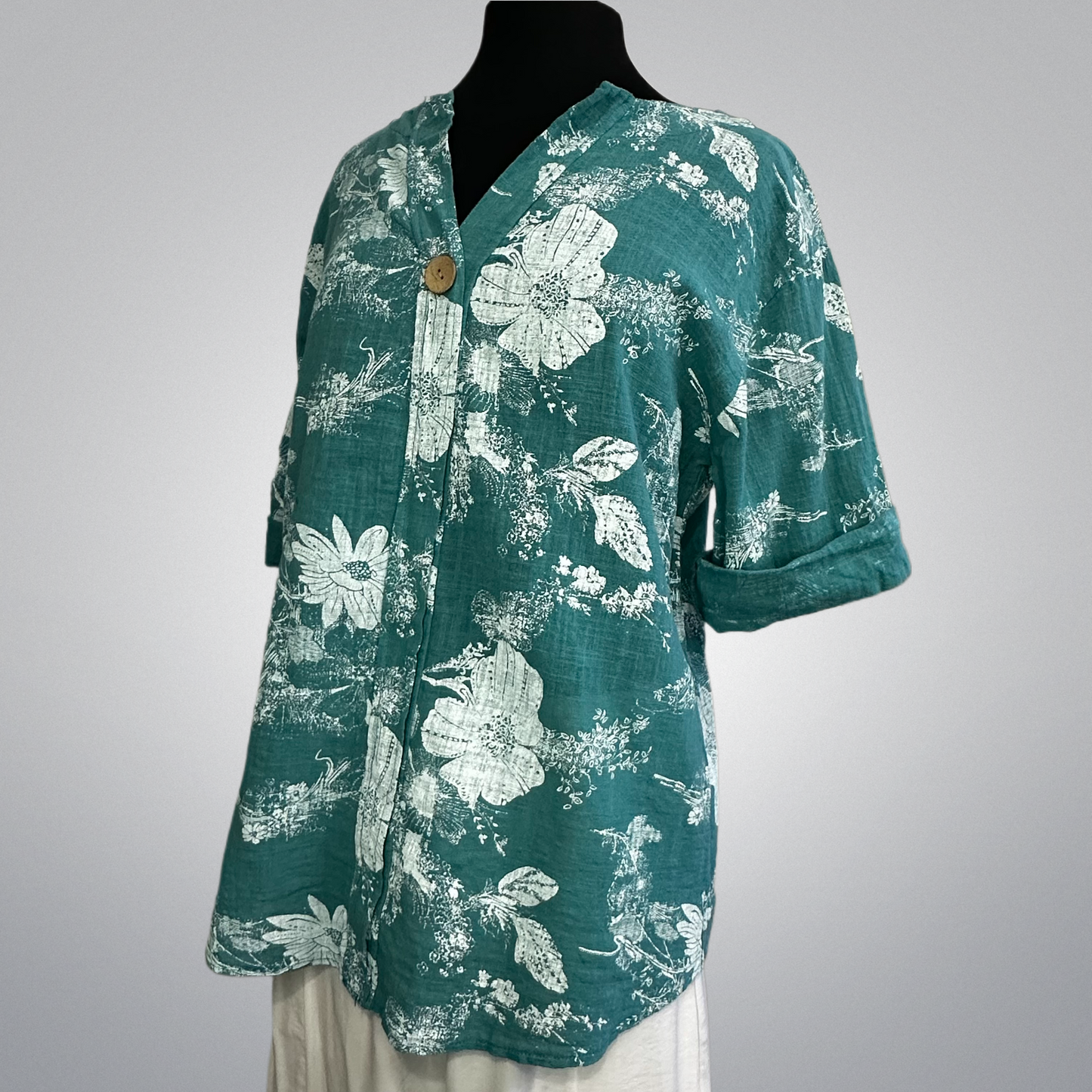 White Floral On Teal Cotton Roll-Up Sleeve Top