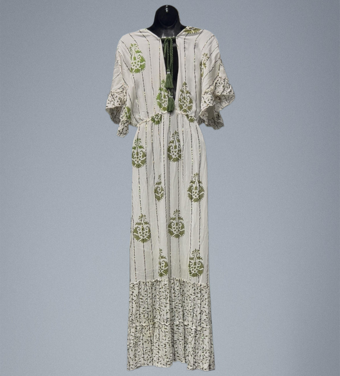 Hand Beaded Long Dress with Ruffle Sleeves