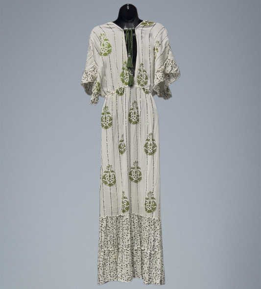 Hand Beaded Long Dress with Ruffle Sleeves