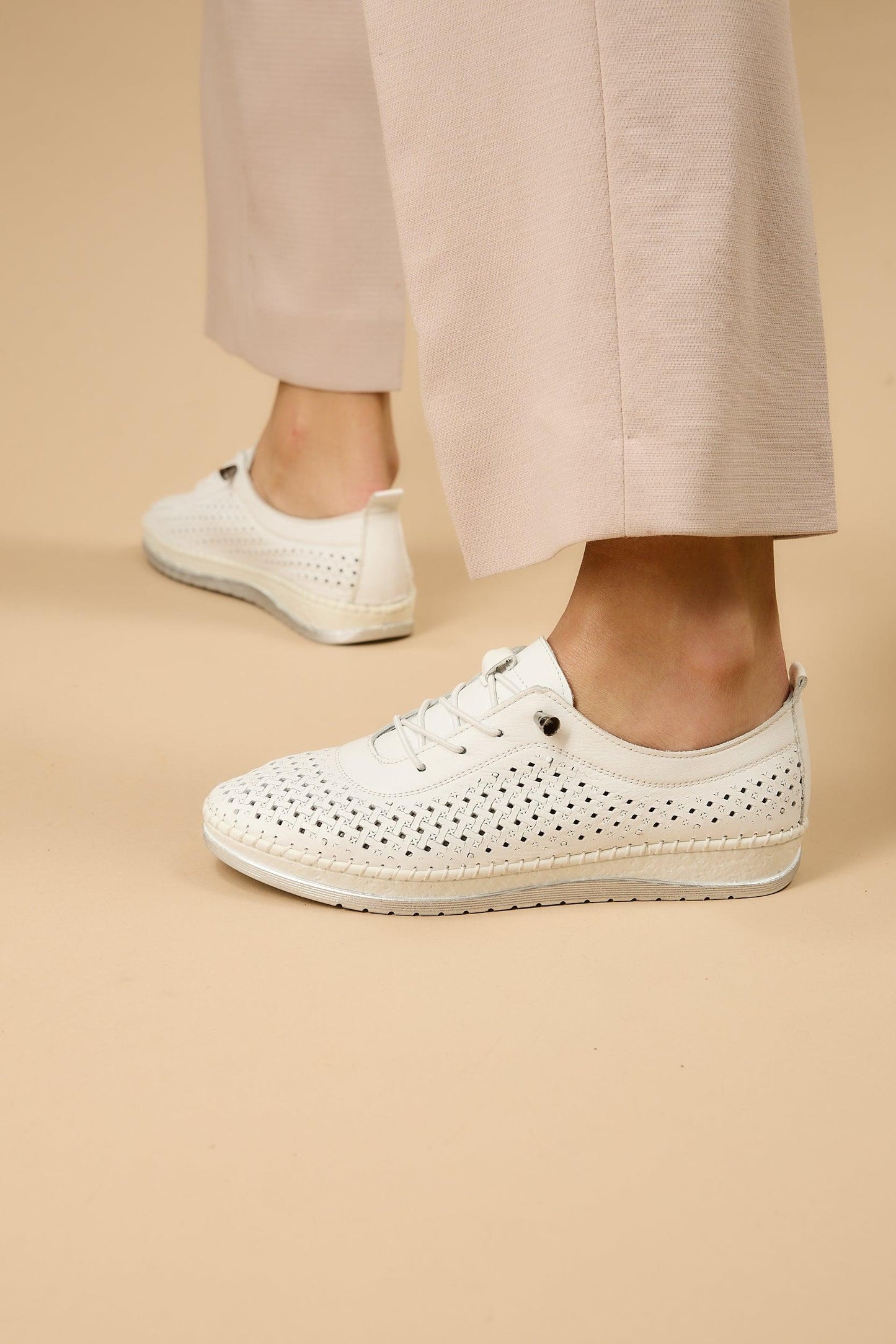 White Leather Handcrafted Walking Shoes