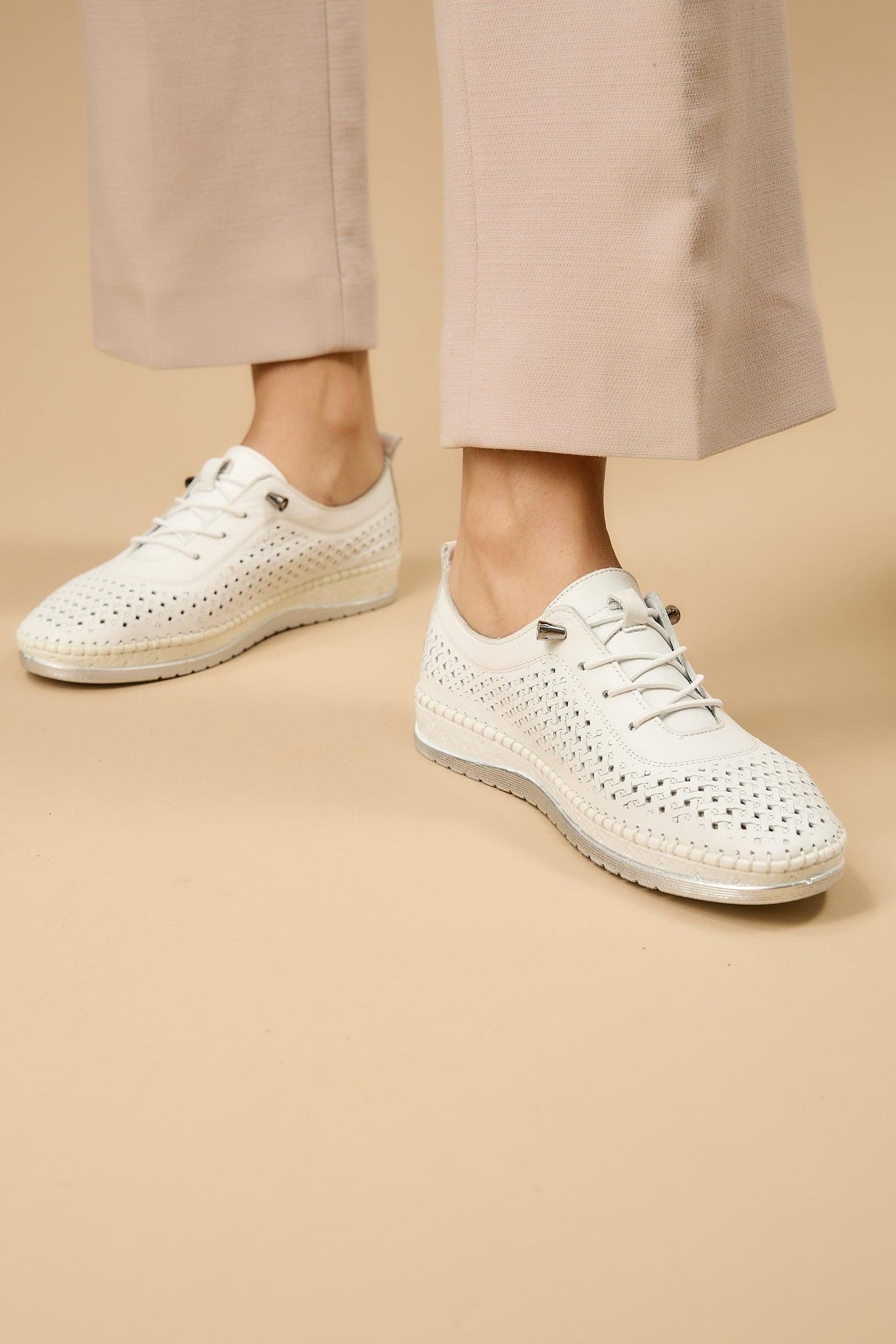 White Leather Handcrafted Walking Shoes