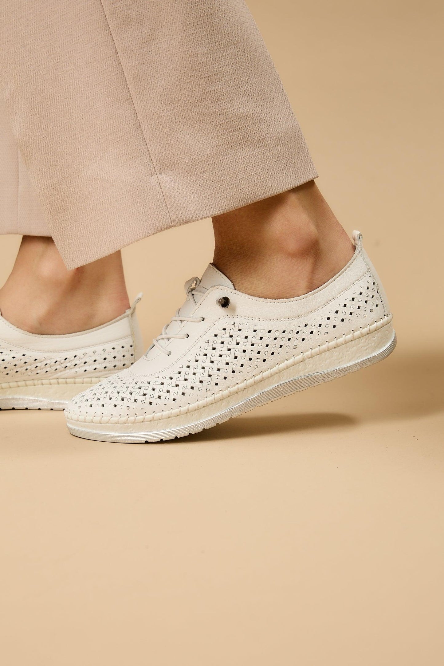White Leather Handcrafted Walking Shoes