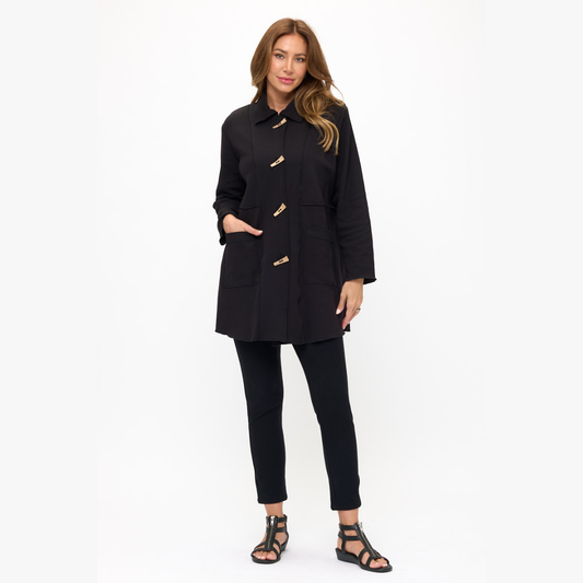 Black Cotton Jacket with Coconut Shell Buttons and Pockets