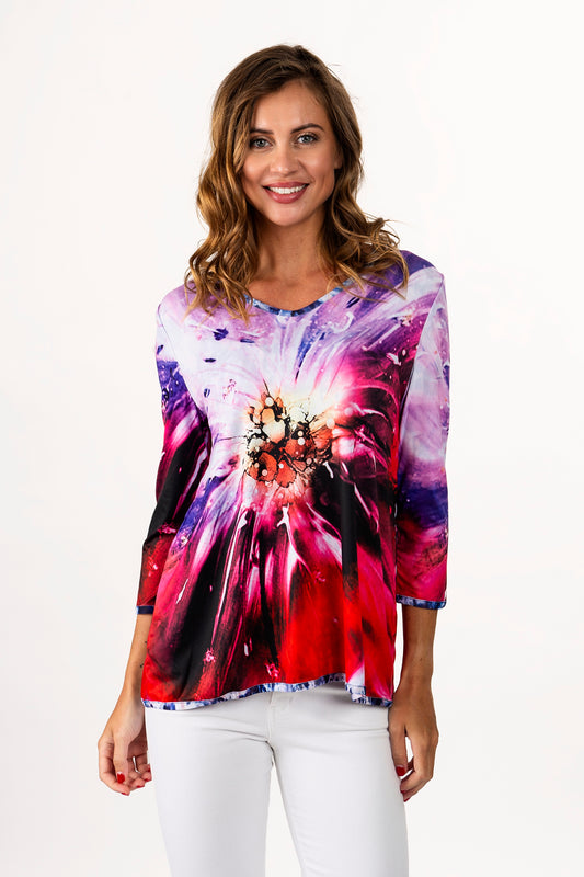 Reversible Blue Watercolor/Pink Burst V-Neck Knit Top