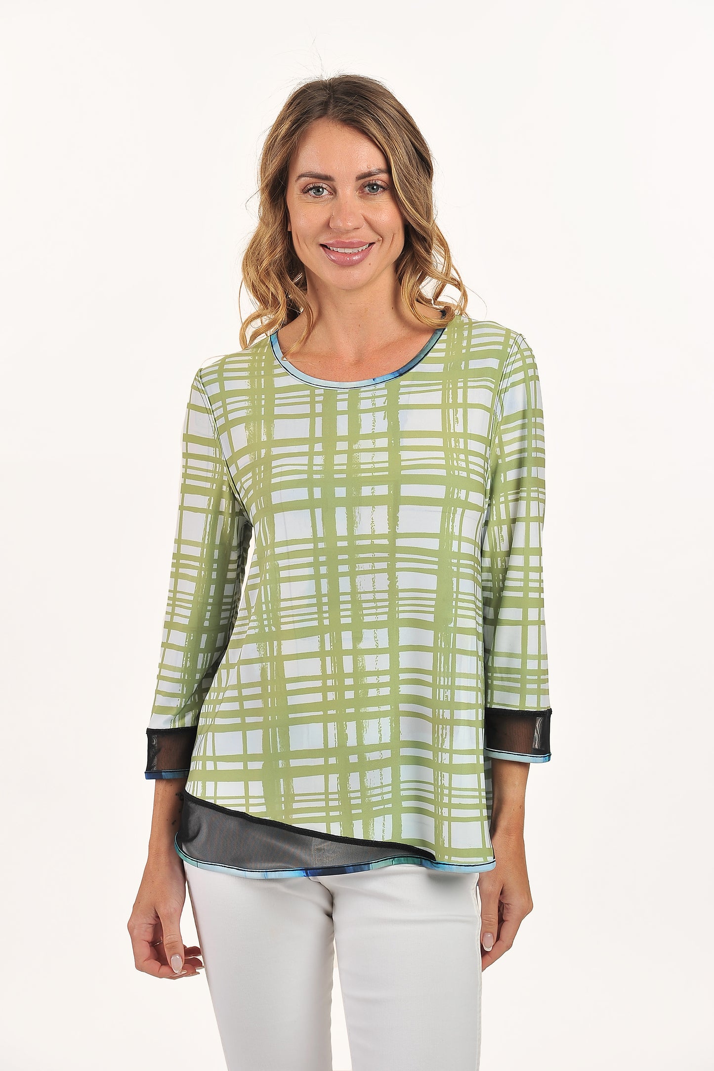 Reversible Aqua Abstract/Olive Grid Knit Top