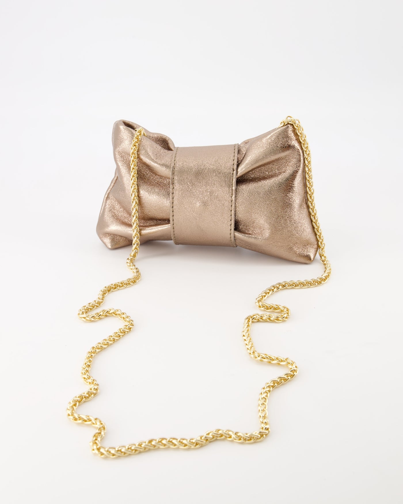 Metallic Leather Bow Clutch with Chain Strap