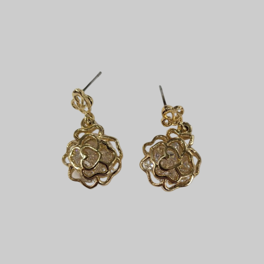 Gold Plated & Cubic Zirconia 3D Rosette Earrings