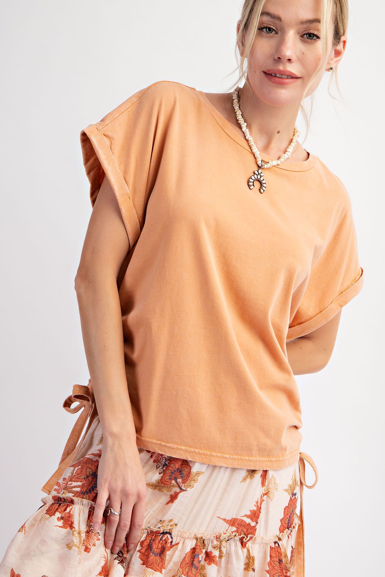 Mineral Wash Short Sleeve Top with Side Ties