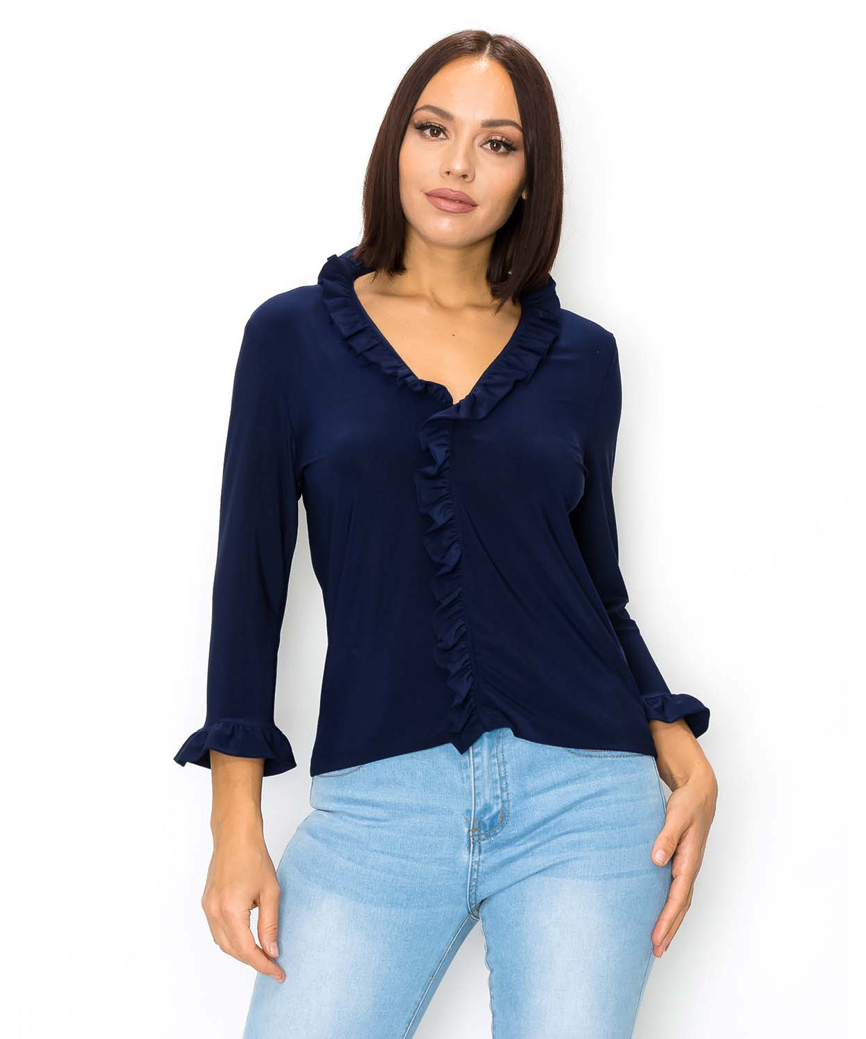 Long Sleeve Blouse With Ruffled Neckline
