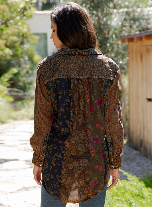 Bohemian Patchwork Tiered Button-Down Shirt