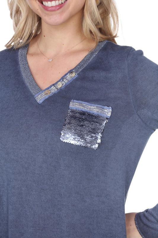 V-neck Top with Soft Sequence Pocket