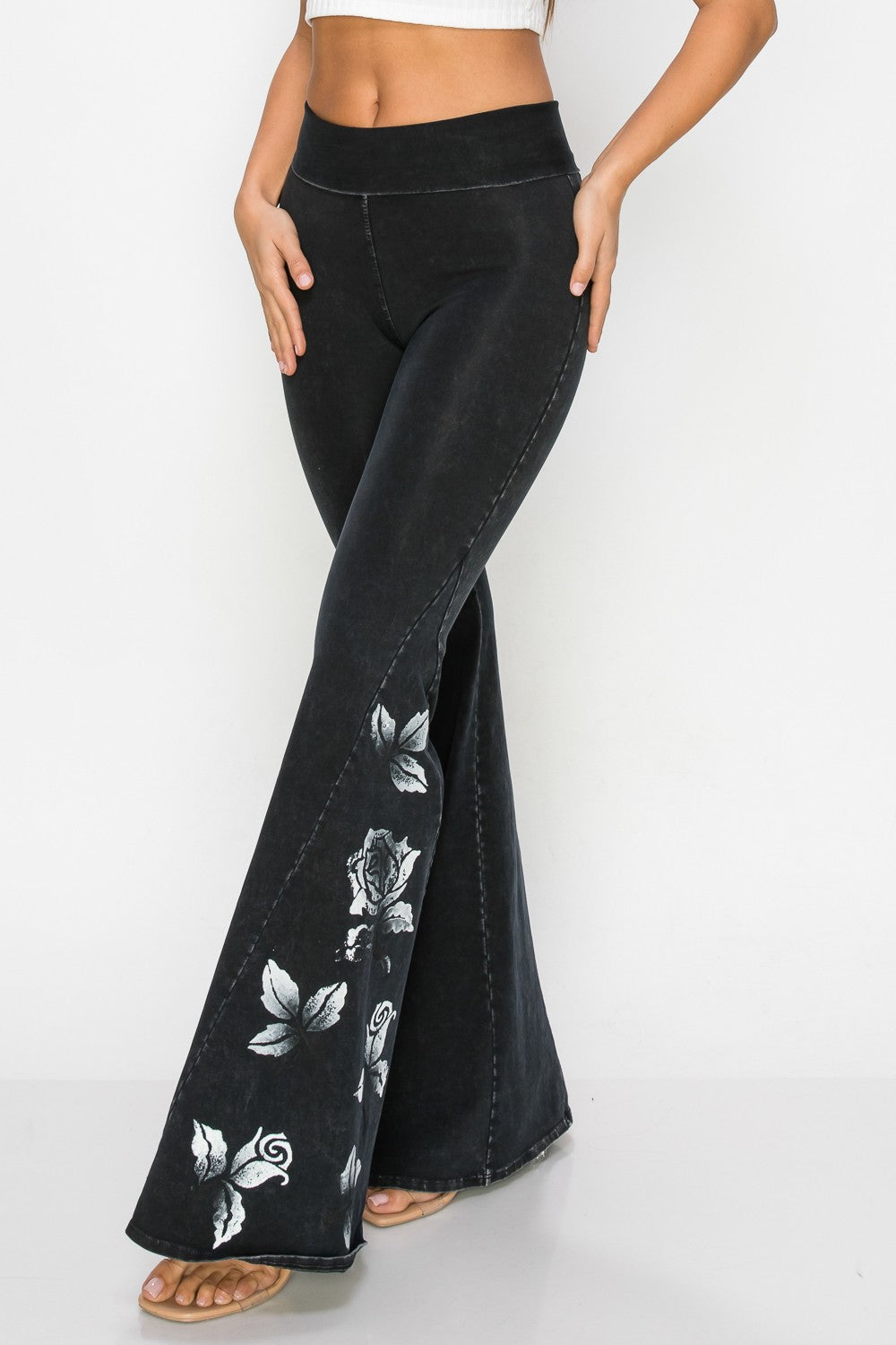 Black Pants with Printed White Rose Design