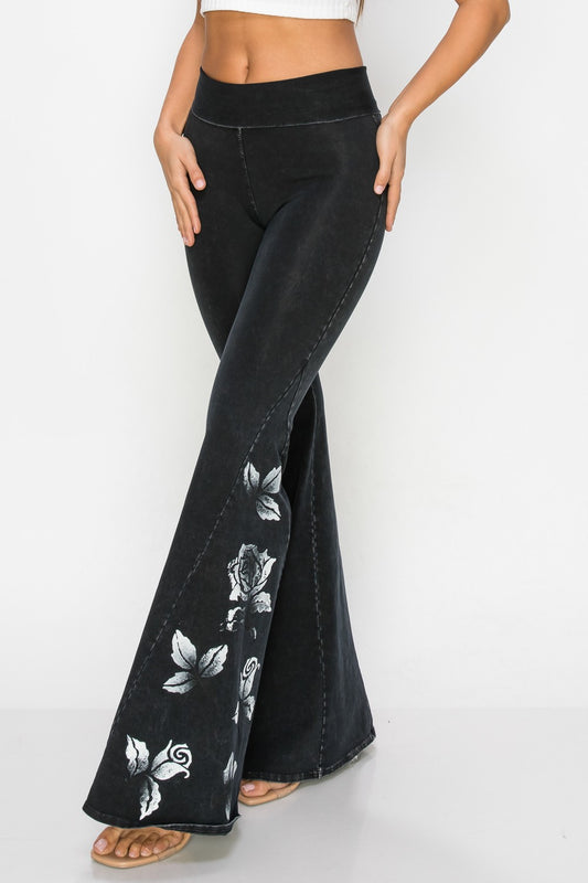 Black Pants with Printed White Rose Design