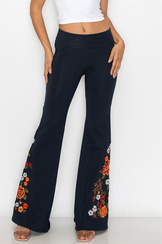 Embroidered Bell Bottoms with Flowers (in 2 colors)
