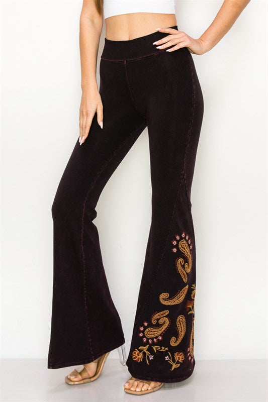 Paisley Embroidered Bell Bottom Yoga Pants