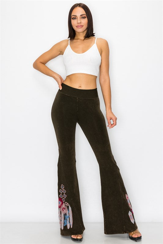 Aztec and Floral Embroidery Flare Leg Foldover Waist Yoga Pants