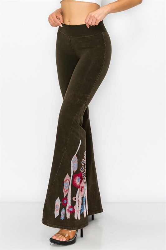 Aztec and Floral Embroidery Flare Leg Foldover Waist Yoga Pants
