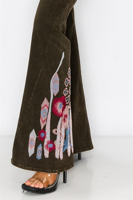 Aztec and Floral Embroidery Flare Leg Foldover Waist Yoga Pants