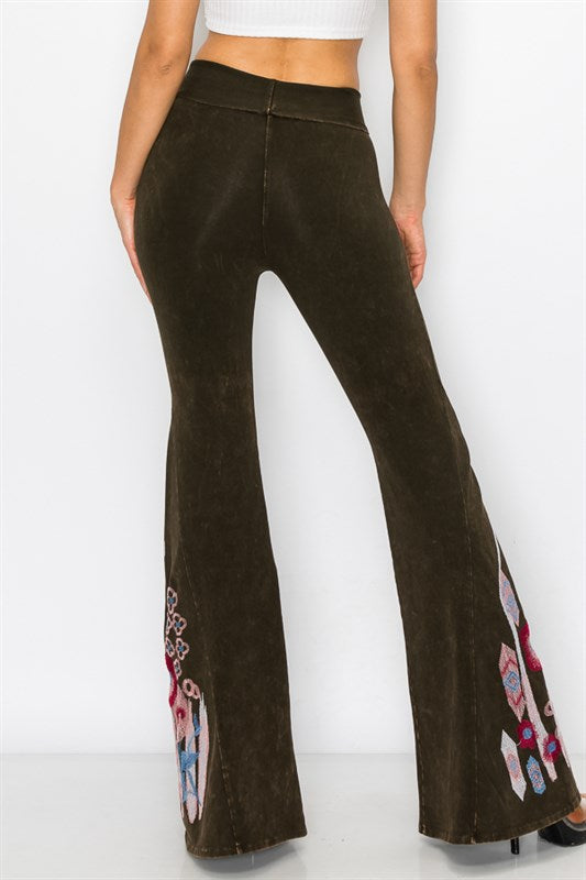 Aztec and Floral Embroidery Flare Leg Foldover Waist Yoga Pants