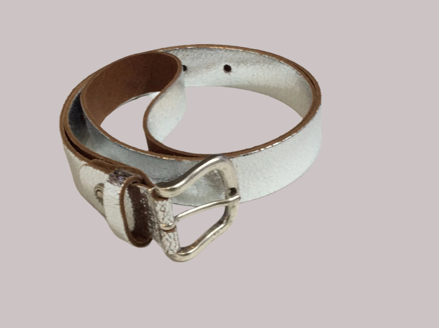 Metallic silver leather belt