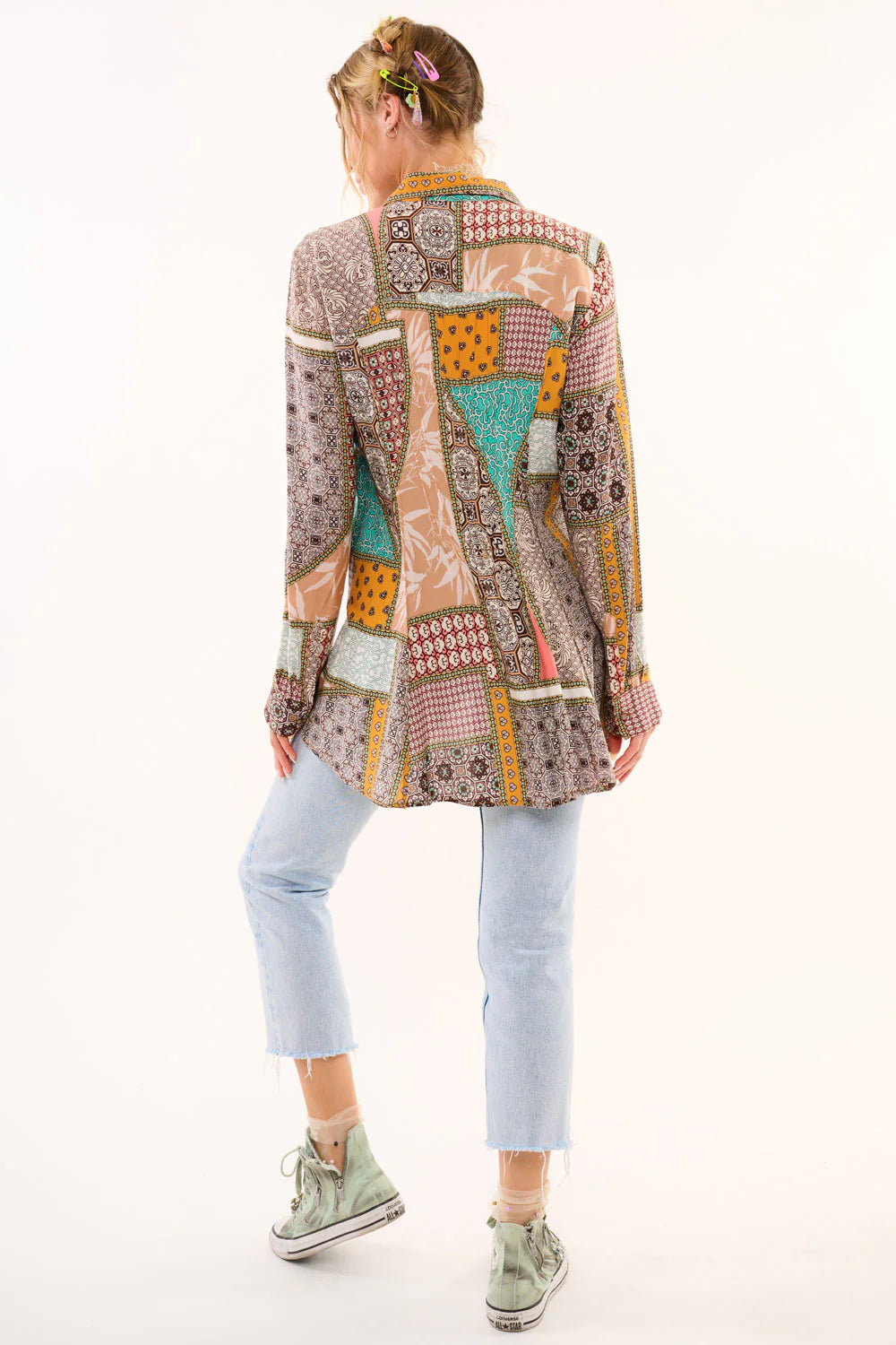 Sequin embroidered geo floral print button-down shirt