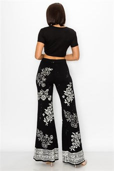Floral Stamp Vintage Print Wide Leg Pants