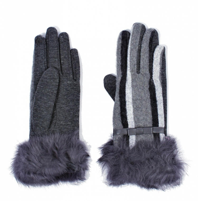 Rabbit Fur Cuff Striped Gloves