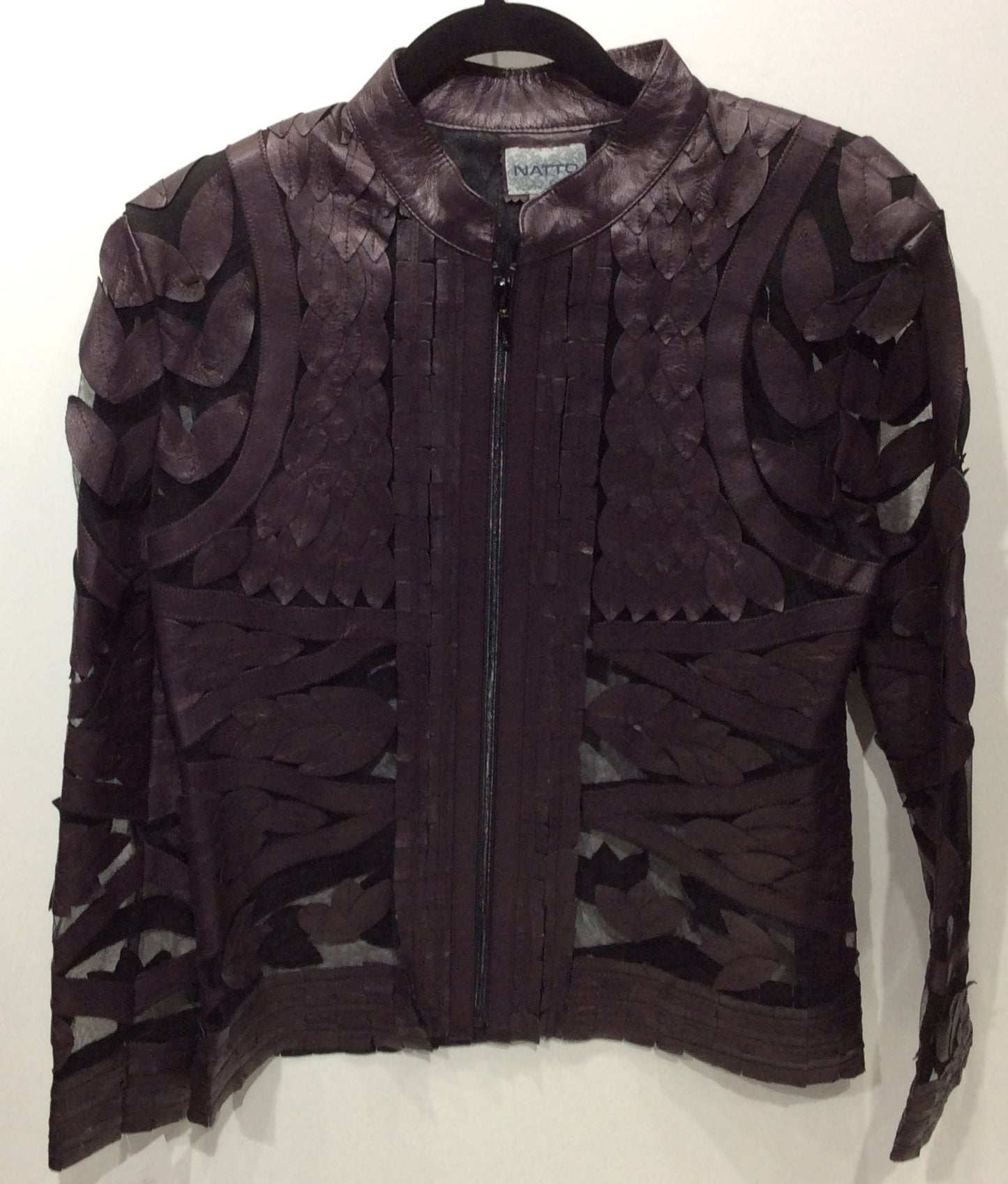 Laser cut lamb leather jacket in rich deep plum