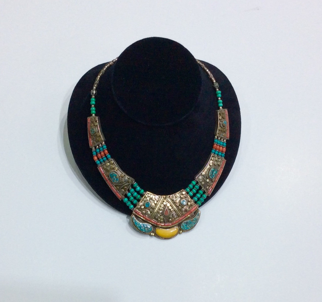 Necklace-Coral, Silver and Turquoise and Yellow Stone