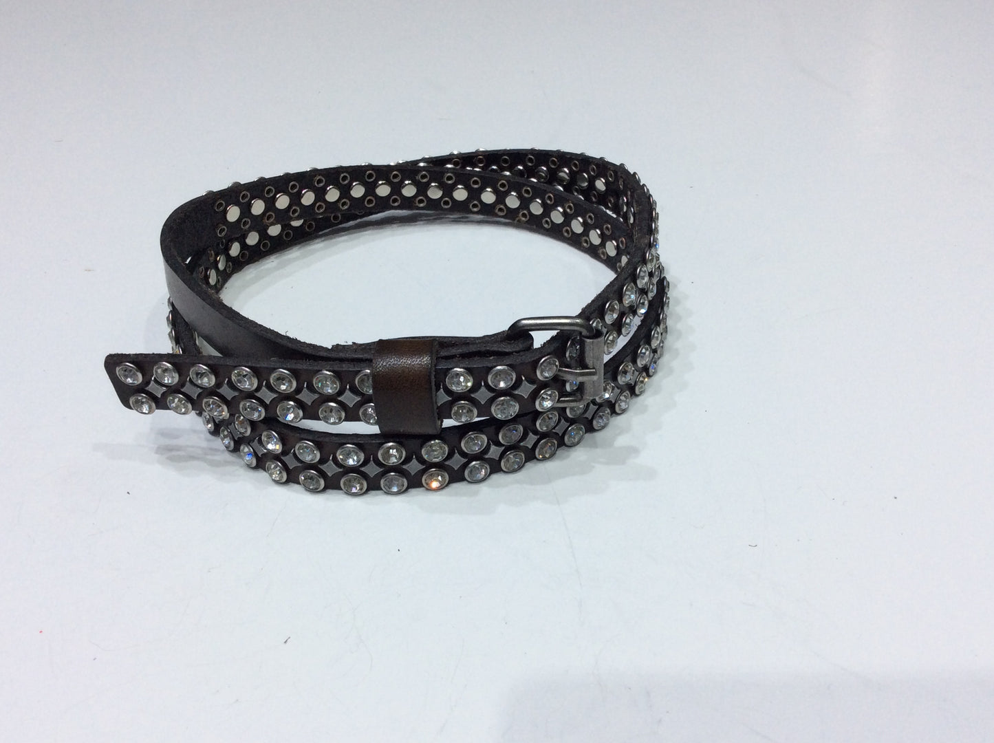 Belts-Narrow Width Brown Leather Belt with 2 Rows of Clear Crystals