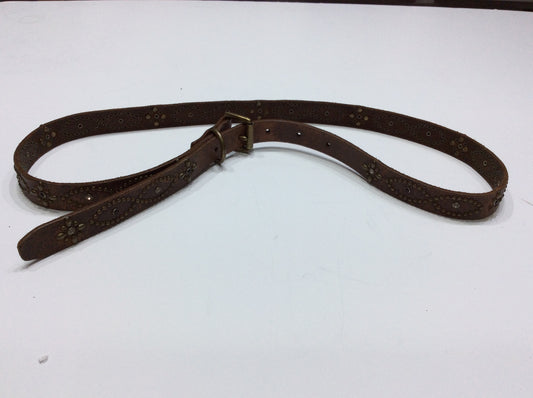 Belts-Medium Width Distressed Brown Leather Belt with Black and Clear Crystals and Rubbed Bronze Embellishments