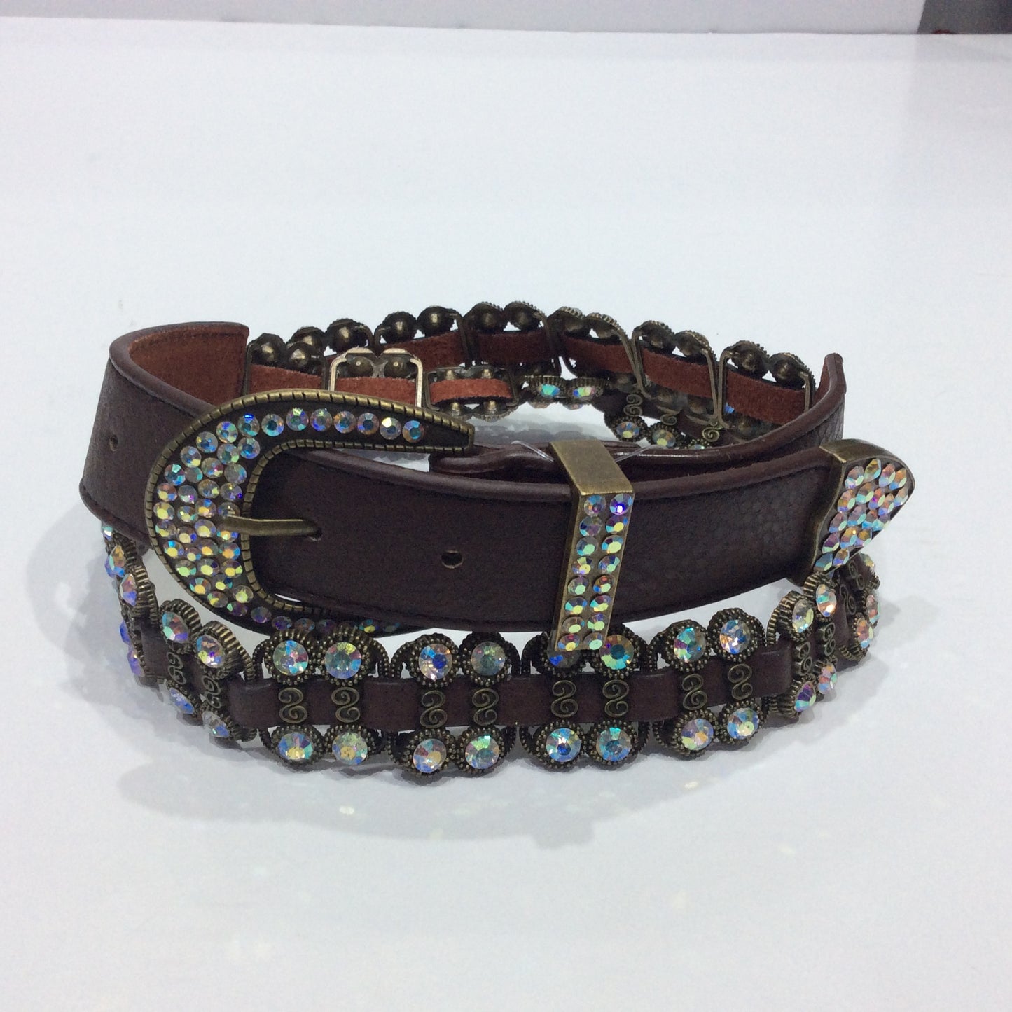 Belts-Wide Brown Leather with Crystal and Bronze Embellishments