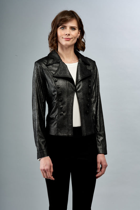 Metallic Vegan Leather Jacket With Button Trim