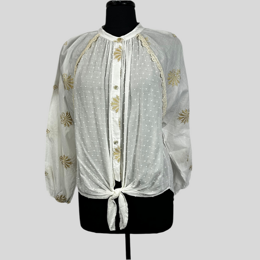 Embroidered Crochet Trim Front Tie Shirt