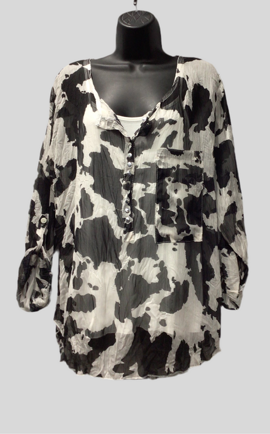 Sheer Italian Cow Print Silk Blend Blouse