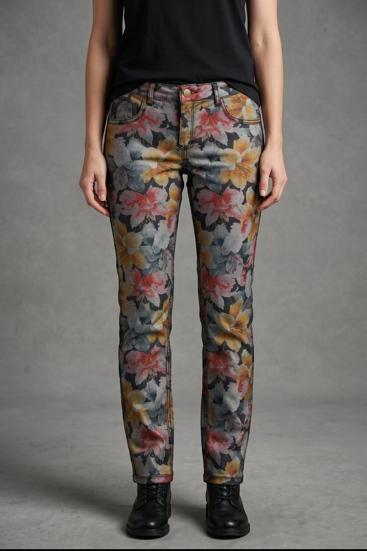 Muted-Tone Lily Print / Black Reversible Jeans