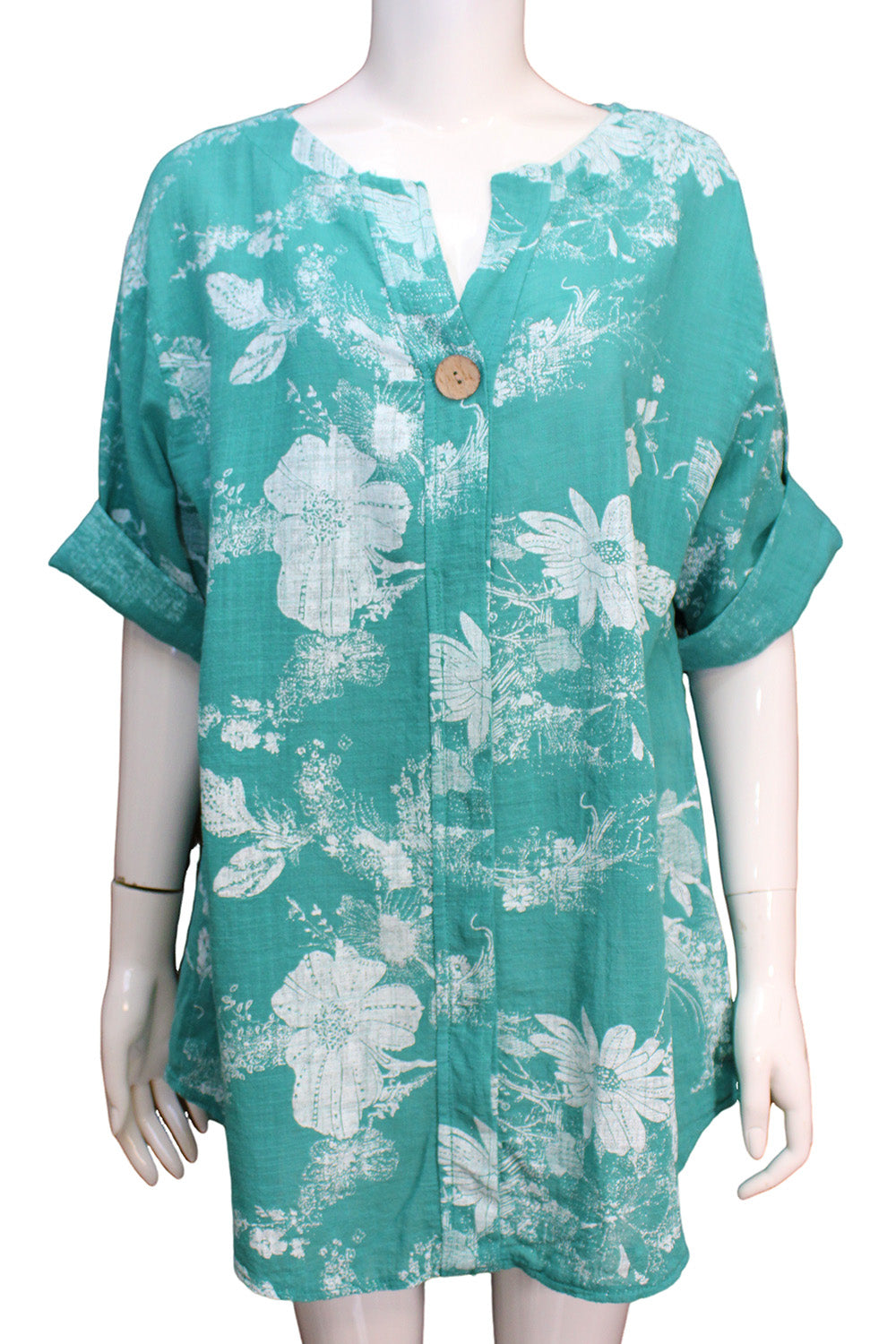 White Floral On Teal Cotton Roll-Up Sleeve Top